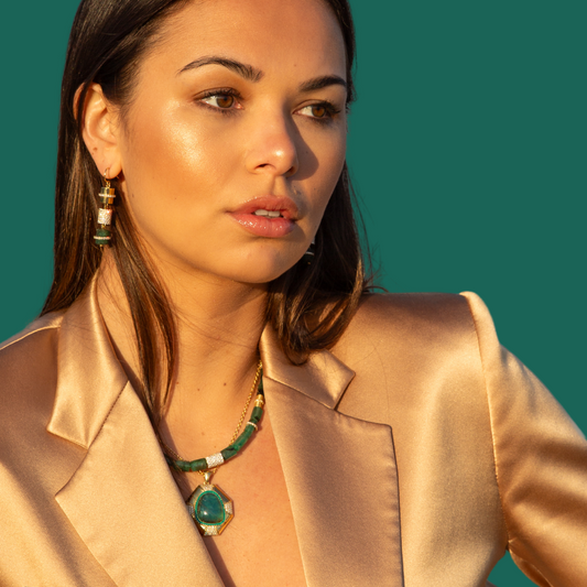 18K Yellow Gold Emerald, Gold, and Full Pave Diamond Cylinder Hook Earrings