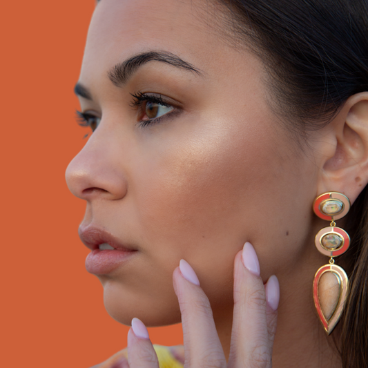 18K Yellow Gold Oval and Pear Shape Opal With Enamel Drop Earrings