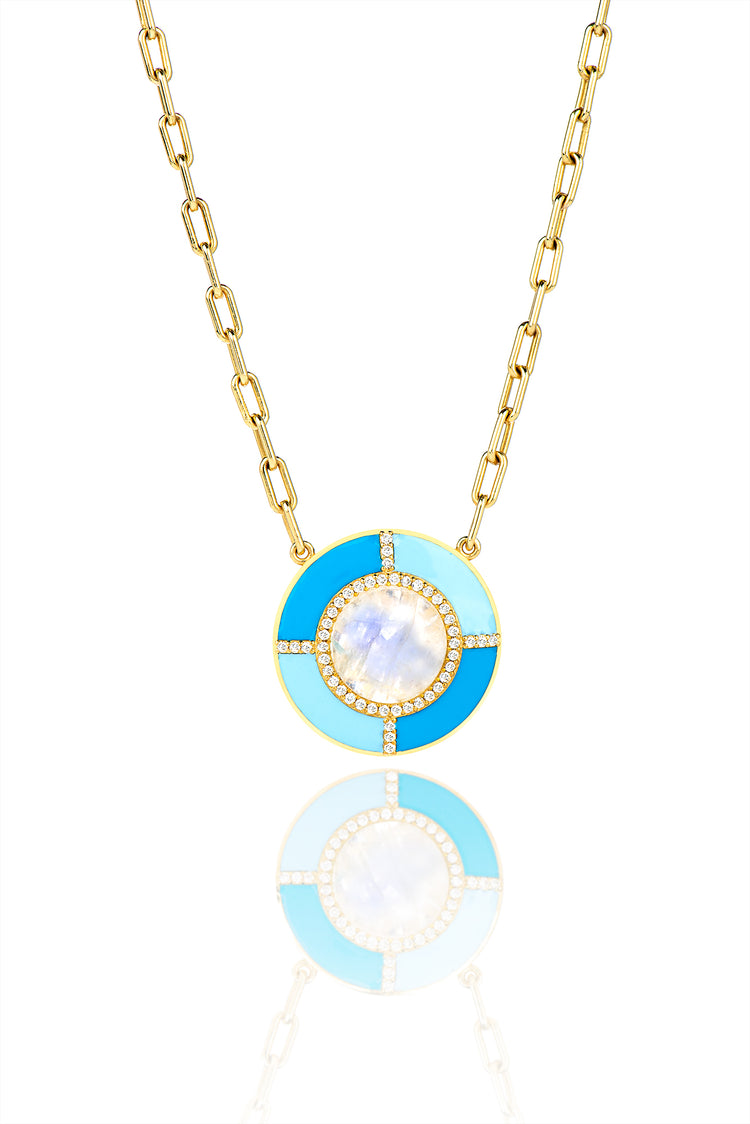 18K Yellow Gold moonstone Center Enamel With Diamonds Necklace