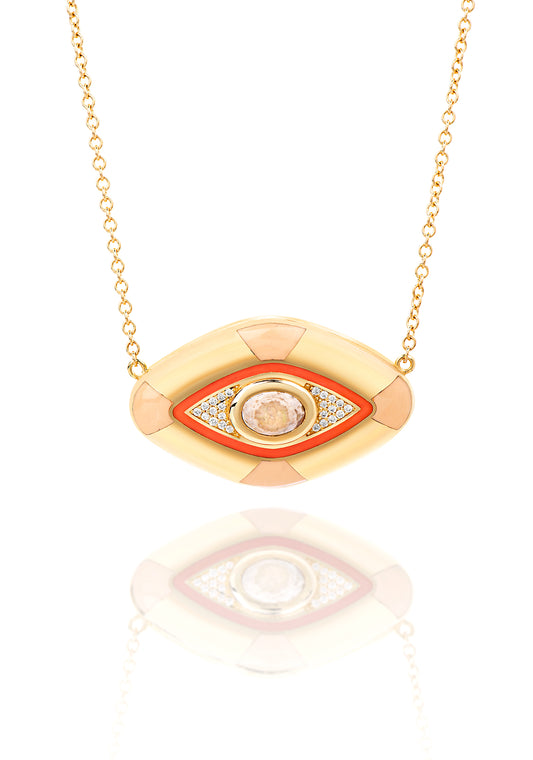 18K Yellow Gold Opal Center Evil Eye Coral Enamel Necklace With Diamonds
