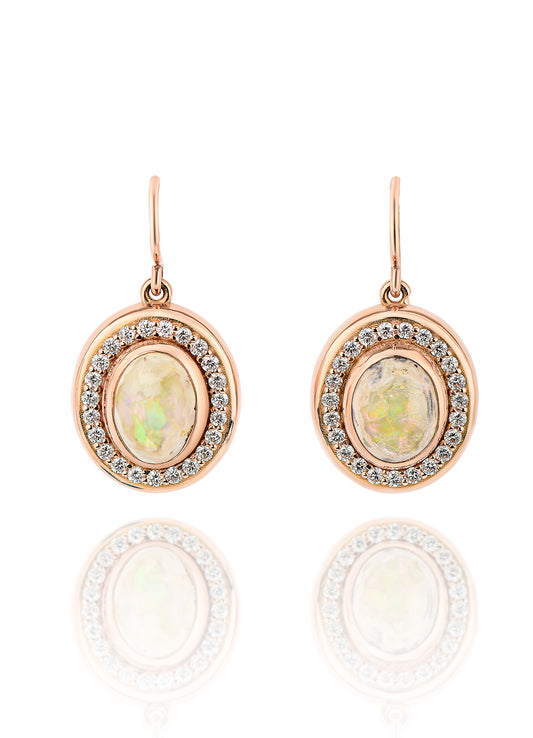 18K Rose Gold Opal Center Hook With Diamond Halo Earrings