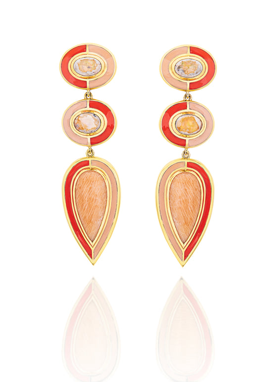 18K Yellow Gold Oval and Pear Shape Opal With Enamel Drop Earrings
