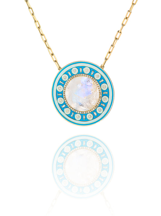 18K Yellow Gold moonstone Center with Baguette and Round Diamond Enamel Necklace