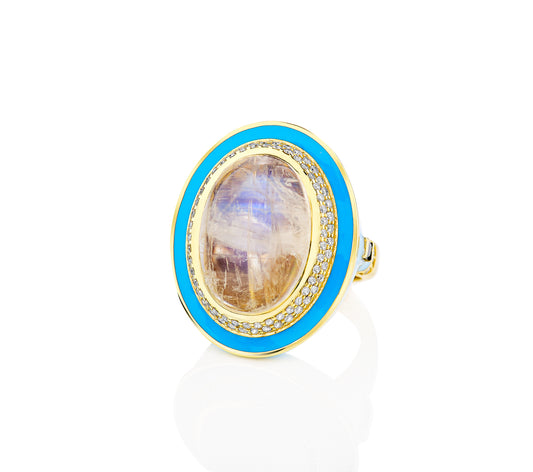 18K Yellow Gold Large MOonstoone Opal Center Enamel With Double Diamond Halo and Sapphires Ring