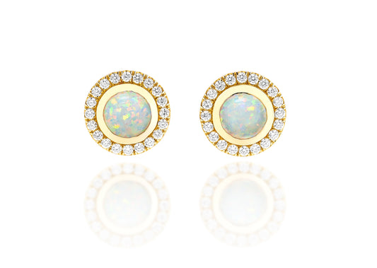 14K Yellow Gold Big Stud Opals With Diamond Halo Earrings