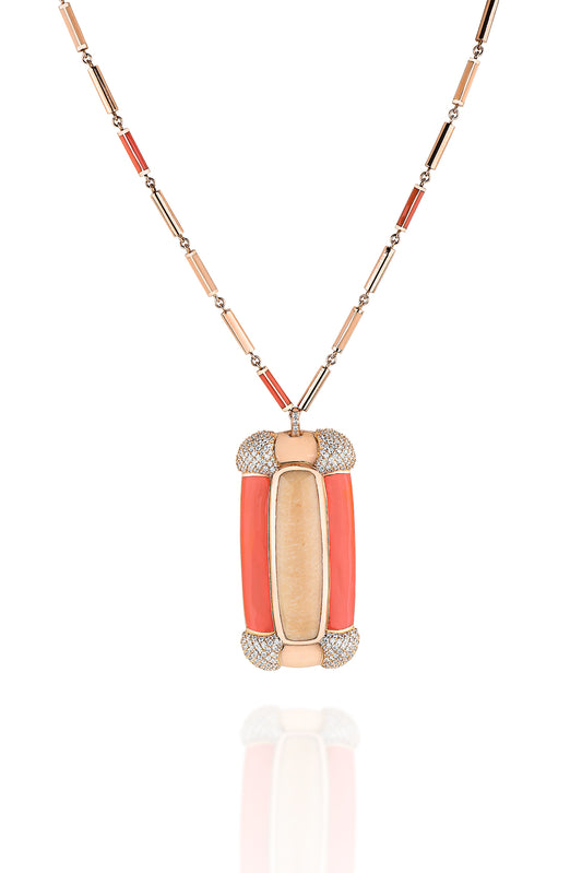 18K Rose Gold Crème brûlée Amazonite Center Coral and Orange Enamel With Diamonds w/ enamel chain Necklace
