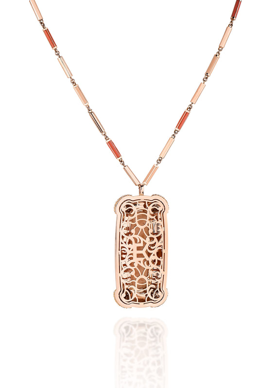 18K Rose Gold Crème brûlée Amazonite Center Coral and Orange Enamel With Diamonds w/ enamel chain Necklace