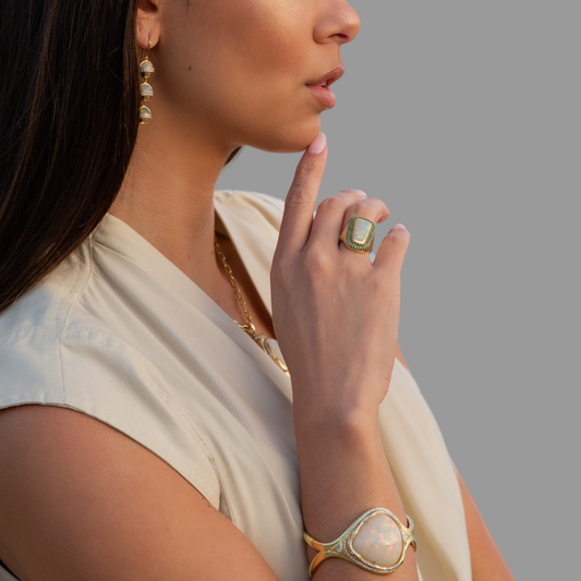 18K Yellow Gold 3 Opal Sphere with diamonds Earrings