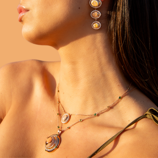 18K Rose Gold Oval Opal with Diamond Halo Necklace
