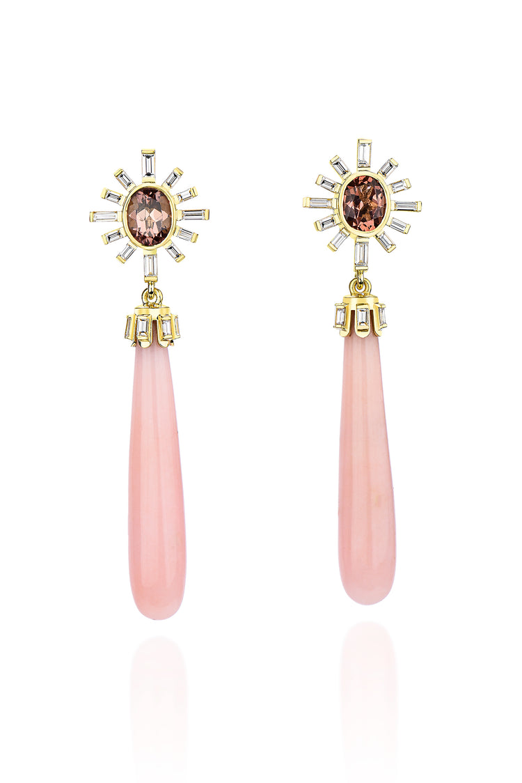 18K Yellow Gold Tourmaline Top Pink Opal Cone with Diamond Baguettes Earrings