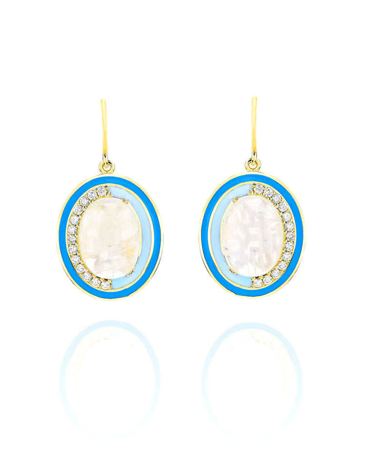 18K Yellow Gold Oval Moonstone Center with Diamonds Enamel Earrings