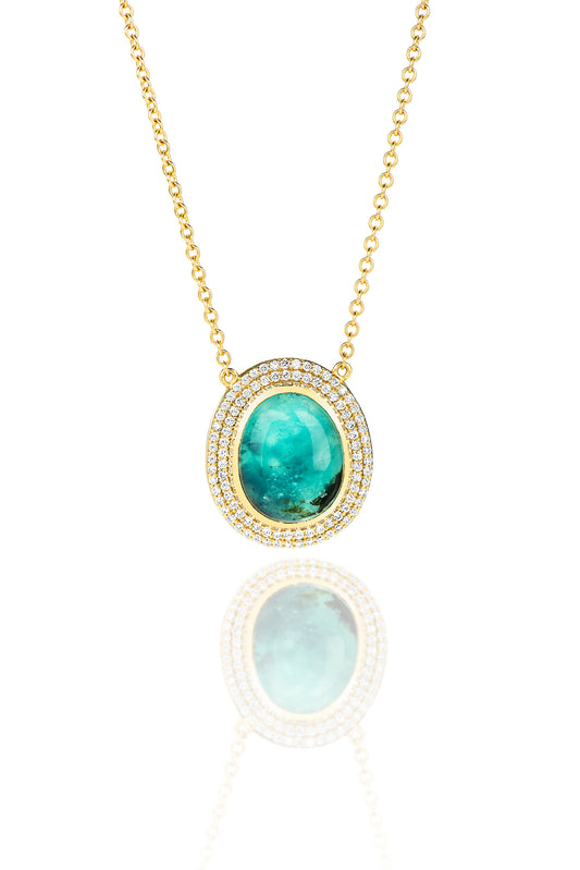 18K Yellow Gold Oval Blue Opal With Double Diamond Halo Necklace