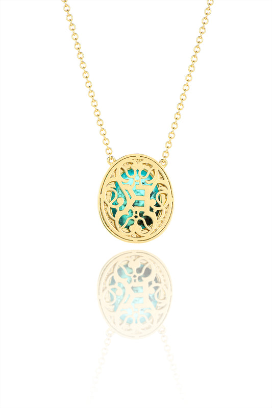 18K Yellow Gold Oval Blue Opal With Double Diamond Halo Necklace