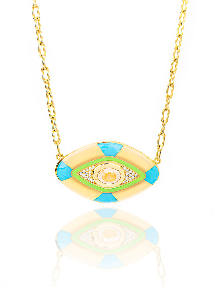 18K Yellow Gold Opal Center Evil Eye Blue and Green Enamel With Diamonds Necklace
