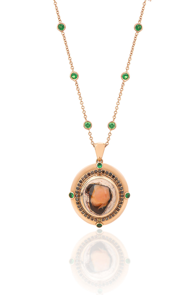 18K Rose Gold Large Cabochon Opal With Brown Diamonds and Tsavorites Necklace