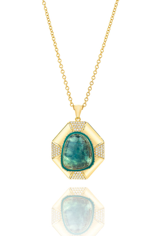 18K Yellow Gold Polygon Blue Opal With Diamonds Necklace