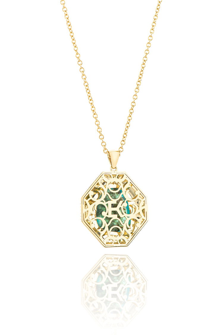 18K Yellow Gold Polygon Blue Opal With Diamonds Necklace