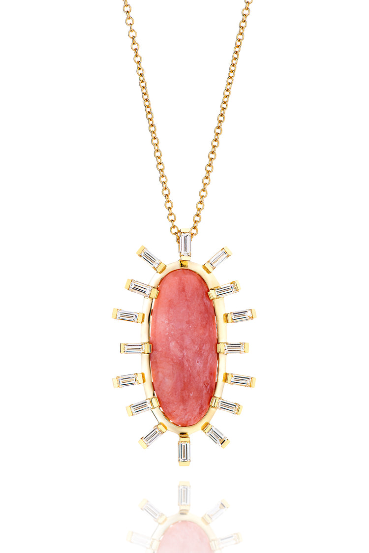 18K Yellow Gold Oval Pink Opal Pendant With Diamond Baguette Necklace