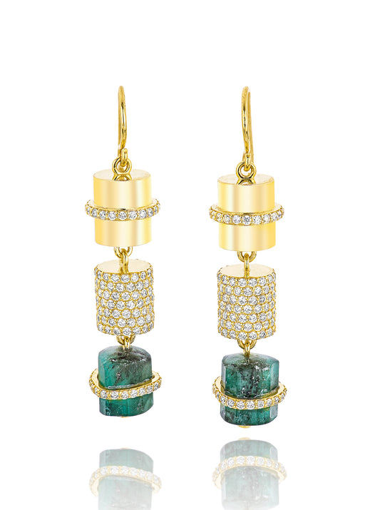 18K Yellow Gold Emerald, Gold, and Full Pave Diamond Cylinder Hook Earrings