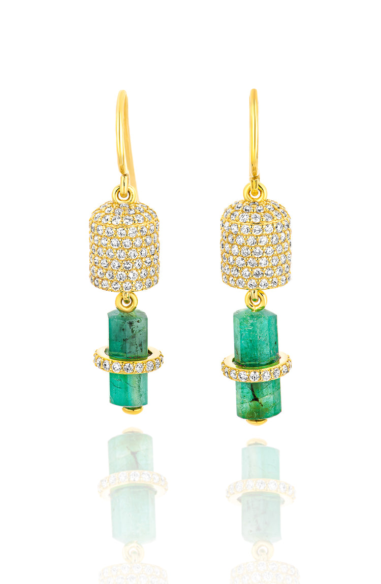 18K Yellow Gold Emerald and Full Pave Diamond Cylinder Hook Earrings