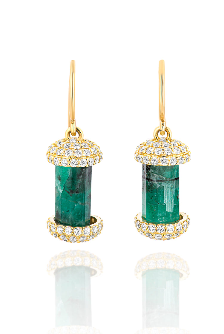 18K Yellow Gold Single Cylinder Emerald with Diamonds Hook Earrings