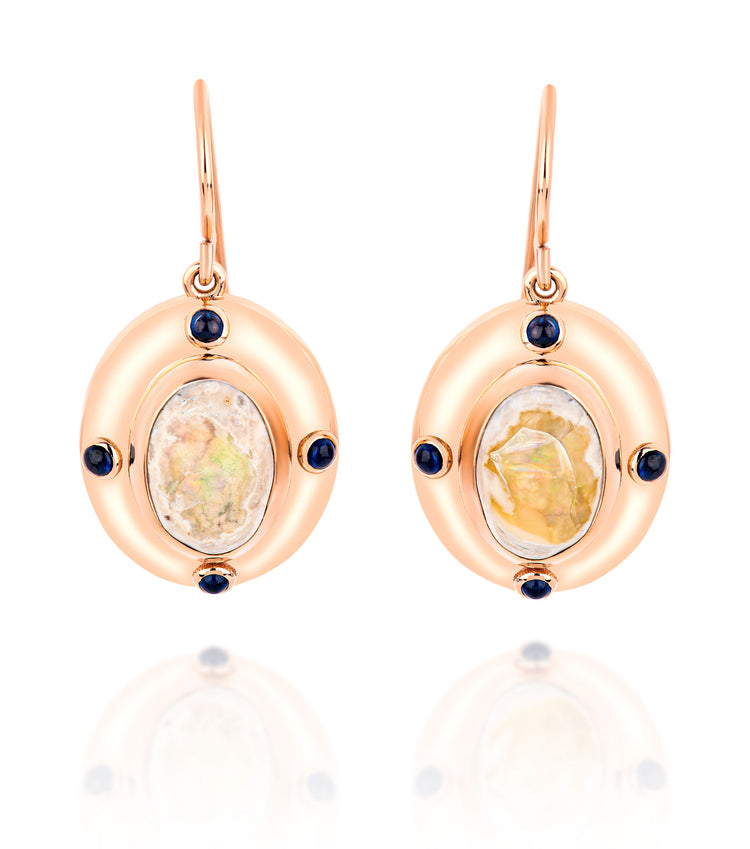 18K Rose Gold Opal Center With Sapphire Hook Earrings