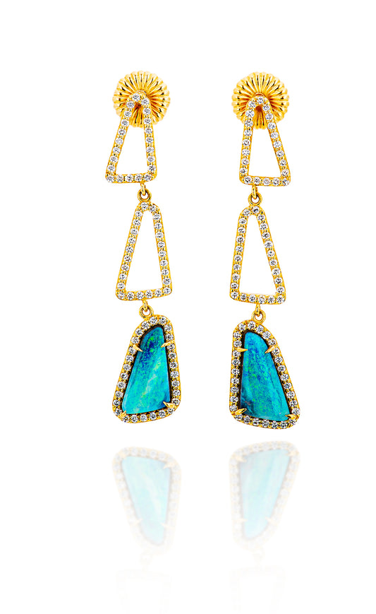 18K Yellow Gold 3 Drop Triangular Opal With Diamonds Earrings