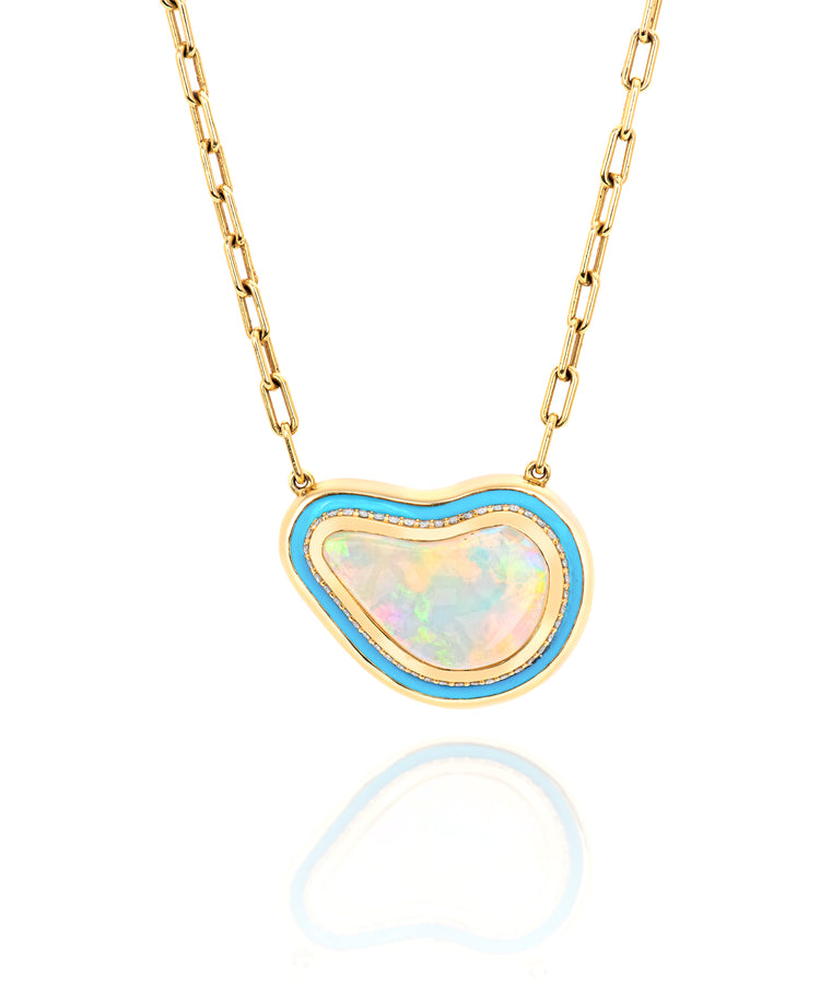 18K Yellow Gold Curved Opal Center with Enamel and Diamond Necklace