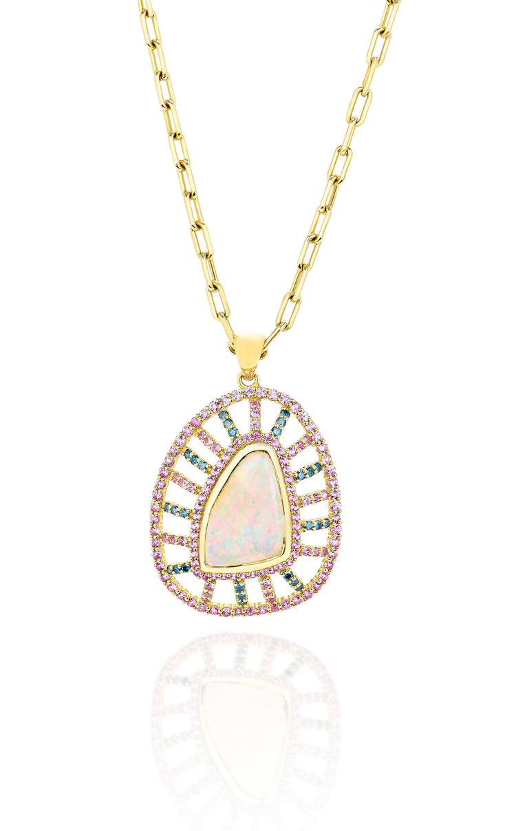 18K Yellow Gold Triangle Opal Center With Blue Diamonds and Pink Sapphire Necklace