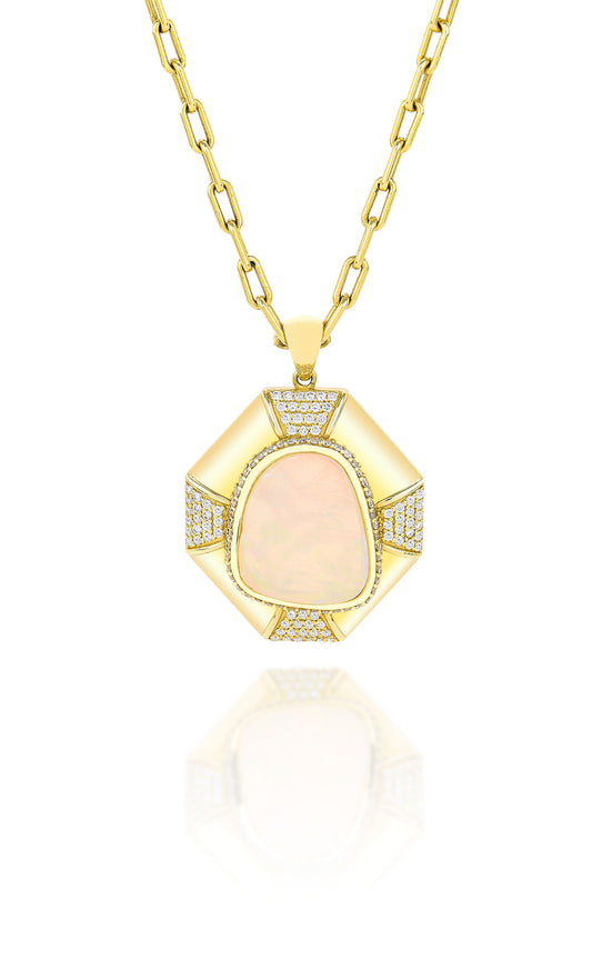 18K Yellow Gold White Opal Center Setting With Diamonds w/ Paperclip Chain Necklace