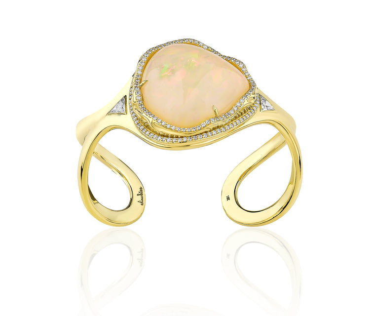 18K Yellow Gold large Australian Opal Center Cuff with Diamonds Bracelet