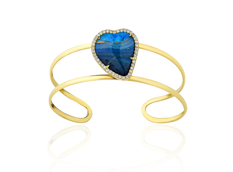 14K Yellow Gold Opal Heart Center Cuff with Diamond Halo Bracelet