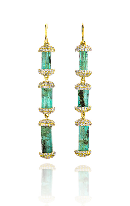 18K Yellow Gold 3 Drop Emerald Cylinder Hook with Diamonds Earrings