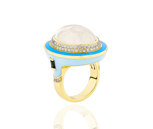 18K Yellow Gold Large MOonstoone Opal Center Enamel With Double Diamond Halo and Sapphires Ring