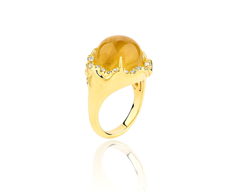 18K Yellow Gold East West Calcedony Center With Diamond Halo Ring- Small
