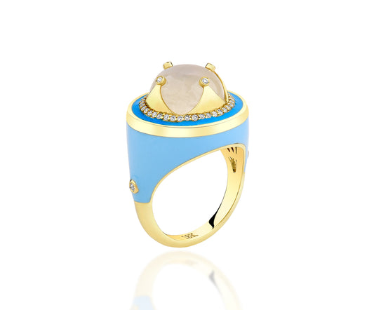 18K Yellow Gold Moonstone Center Crown Setting Enamel With Diamond Halo Ring