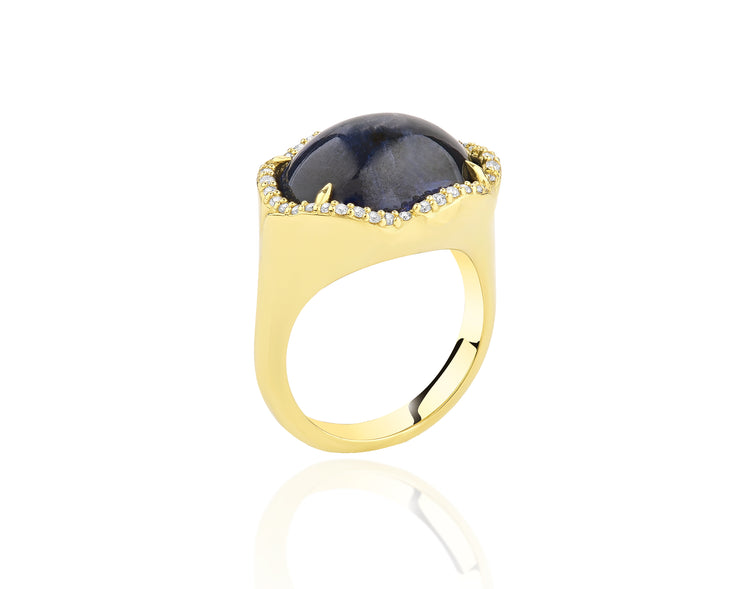 18K Yellow Gold East West Blue Sapphire Center With Diamond Halo Ring