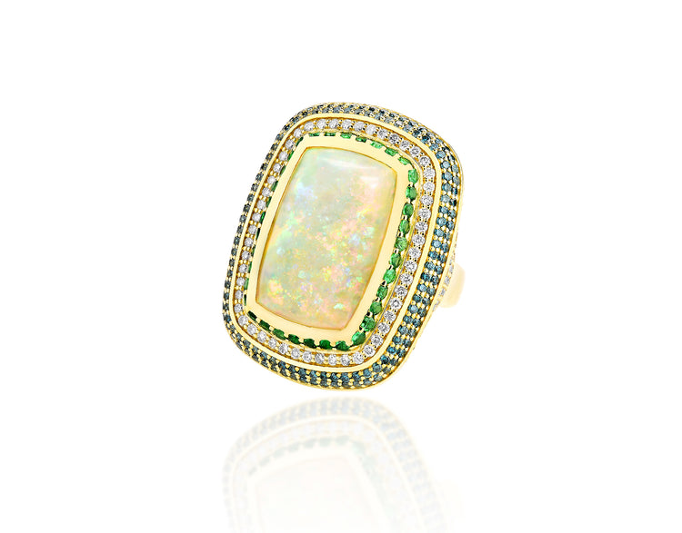 18K Yellow Gold Large Australian Opal Center With Tsavorites and blue and white Diamond Ring