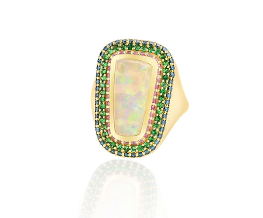 18K Yellow Gold australian Center Opal Center With Pink Sapphire, Tsavorites and blue and white Diamond Ring