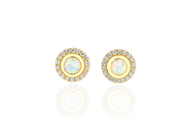 14K Yellow Gold Big Stud Opals With Diamond Halo Earrings - small