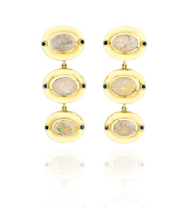 18K Yellow Gold 3 Opal saphire Cabochon Earrings
