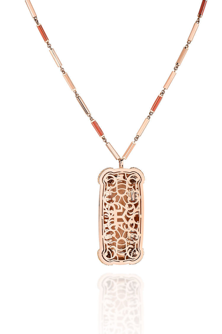 18K Rose Gold Crème brûlée  Amazonite Center Coral and Orange Enamel With Diamonds w/ enamel chain Necklace