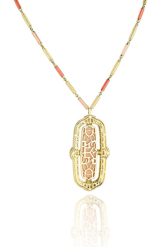 18K Yellow Gold Rectangular Coral Crème brûlée  Amazonite with chocolate and white Diamonds w/ Enamel Chain Necklace
