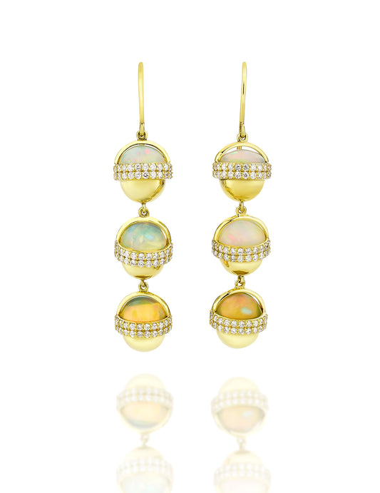 18K Yellow Gold 3 Opal Sphere with diamonds Earrings