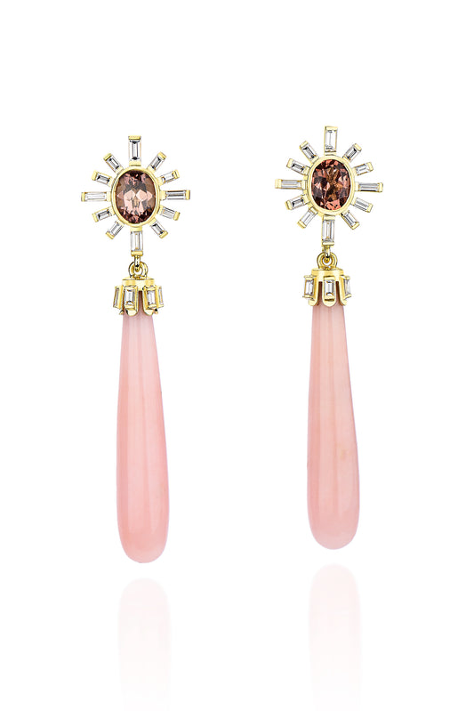 18K Yellow Gold Tourmaline Top Pink Opal Cone with Diamond Baguettes Earrings